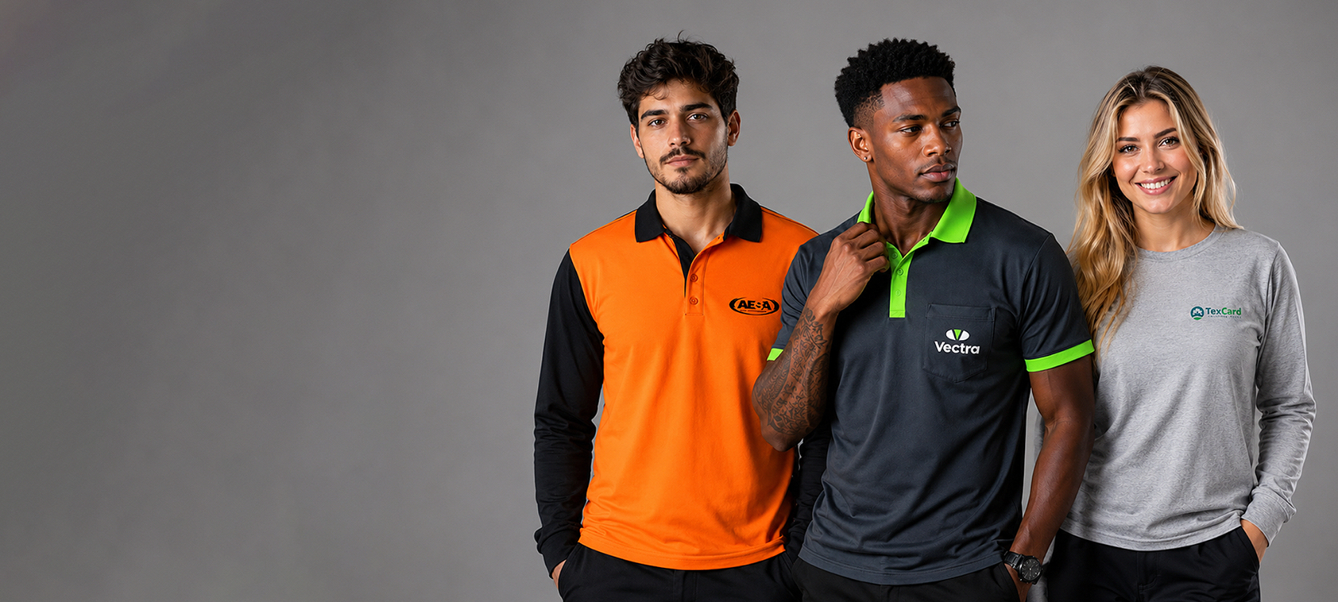 Equipe vestindo uniformes empresariais personalizados produzidos pela GR9